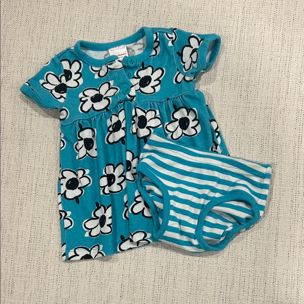 Hanna Andersson Teal Floral Dress with Teal & White Striped Bloomers
